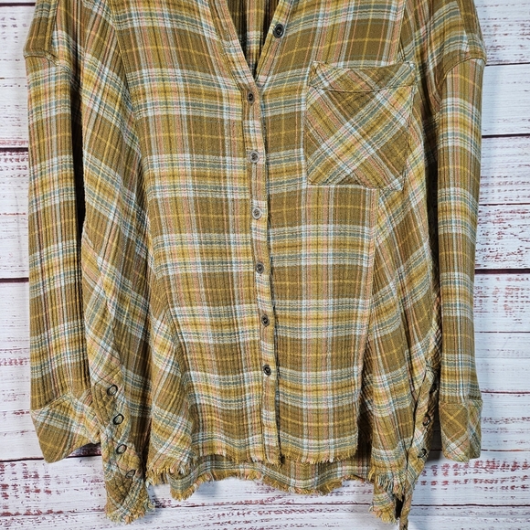 Free People olive green plaid button down top - Picture 5 of 16